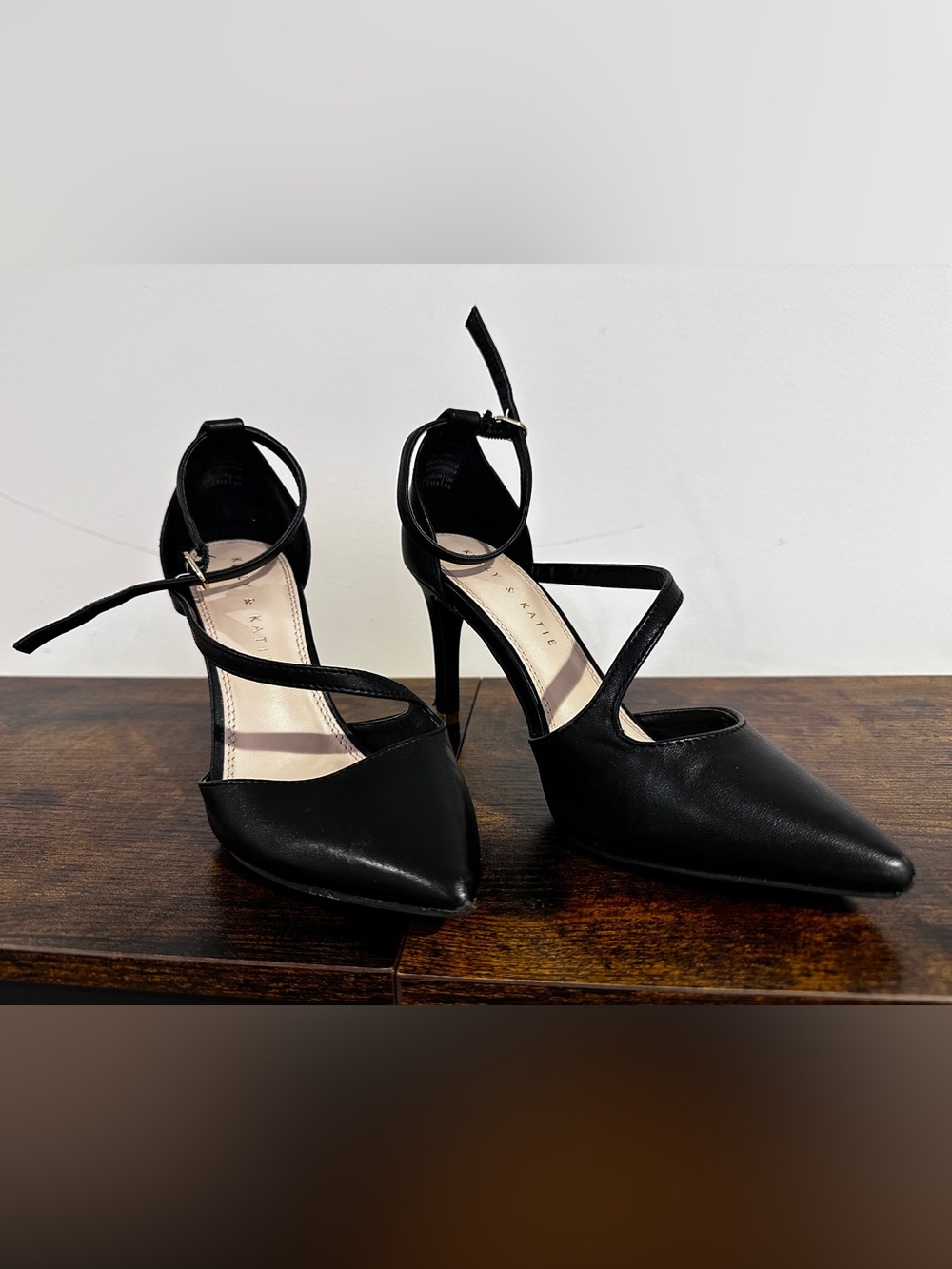 Kelly & Katie Black Pointed Toe Ankle Strap Stiletto Heels